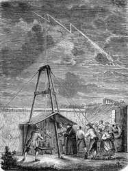 Experiment vom 10. Mai 1752, von Thomas-François Dalibard (1703-1779) in Marly, erste Demonstration der Anwesenheit von Elektrizität in Gewitterwolken - Gravur