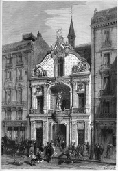 Außenansicht des Hotels der Zeitung „Le Figaro“ in Paris, 26, rue Drouot. Gravur in „Le Monde Illustré“ Nr. 888 vom 18. April 1874.