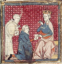 F.117r Boten berichten Karl dem Großen vom Sieg über die Sarazenen, aus den Grandes Chroniques de France, 1375-79