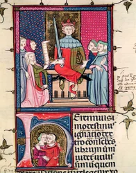 F.39r Ehegesetz, eine ehebrecherische Frau vor Gericht, aus Justiniani in Fortiatum
