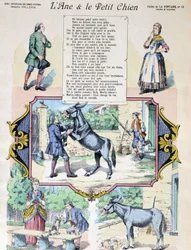 Fabel von La Fontaine „Der Esel und der kleine Hund“. Bild von Epinal-Pellerin