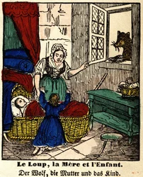Fabeln von La Fontaine: Der Wolf, die Mutter und das Kind (Bild von Epinal, erste Hälfte des 19. Jahrhunderts)