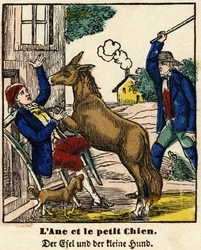 Fabeln von La Fontaine: Der Esel und der kleine Hund. Bild von Epinal, erste Hälfte des 19. Jahrhunderts.