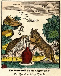 Fabeln von La Fontaine: Der Fuchs und der Storch. Epinal-Bild, erste Hälfte des 19. Jahrhunderts