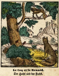 Fabeln von La Fontaine: Der Hahn und der Fuchs. Bild von Epinal, erste Hälfte des 19. Jahrhunderts.
