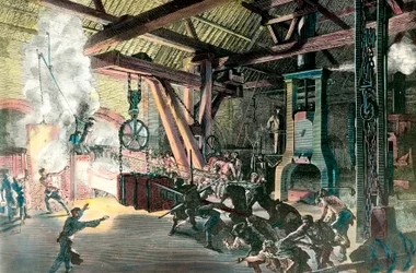 Fabrik: „Der Hämmerer der Schmieden von Le Creusot im Jahr 1865“ Gravur um 1865. Private Sammlung