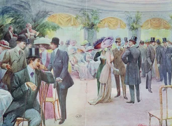 Modeplatte, die eine Gesellschaftsversammlung zeigt, 1908