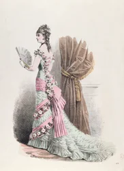 Modeplatte einer Frau im Abendkleid mit Fächer, 1877 (Farbstich)