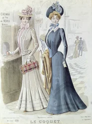 Modische Damen am Fahrkartenschalter des Gare du Nord in Paris, ca. 1900