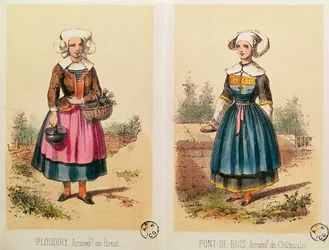 Weibliche Kostüme aus Ploudiry und Pont de Buis, aus Les Costumes Bretons de Sorrieu