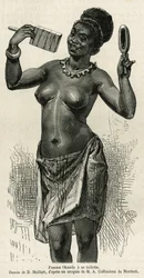 Frau Okanda bei ihrer Toilette, Zeichnung von D. Maillard zur Illustration der Geschichte einer Reise nach Gabun und zum Ogowe-Fluss in den Jahren 1875-1877 von Alfred Marche. Gravur in Le Tour du monde