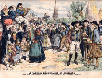 Fest zur Erhaltung der traditionellen bretonischen Tracht. Der Regionalkongress in der Bretagne. Eine malerische Feier zur Bewahrung der bretonischen Tracht. Illustration für Le Petit Journal