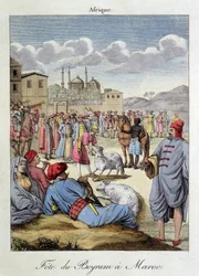 Fete du Beyram (Aid) und Opfer des Schafes in Marokko - in „Habits et coutumes des peuples“, ed. Hocquart, Paris