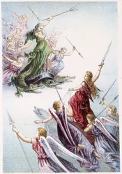 Kampf zwischen bösen und guten Geistern des Meeres - in „Reise zum Meeresgrund“ von H. de la Blanchère. Paris, ed. Jouvet et Cie, sd. 1880.