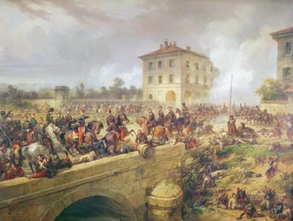Kämpfe an der Brücke von Boffalora während der Schlacht von Magenta, 4. Juni 1859, ca. 1859