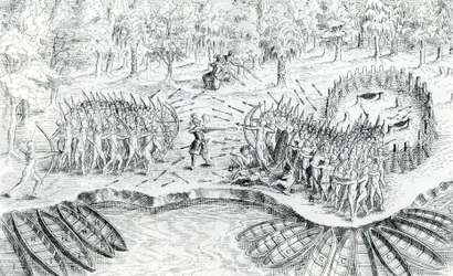Kampf der Huronen, aus Voyage de Champlain in 1624 von Samuel de Champlain