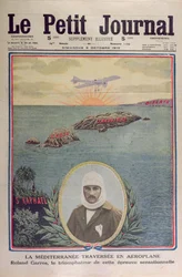 Erste Überquerung des Mittelmeers am 23. September 1913 durch Roland Garros (1888-1918), Titelillustration von Le Petit Journal 5. Oktober 1913
