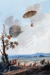 Erster Mann, der mit einem Fallschirm absprang, 22. Oktober 1797, im Parc Monceau, Paris, ca. 1797