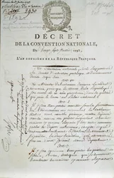 Erste Seite des Dekrets des Nationalkonvents vom 27.07.1793 zur Einrichtung des Palais du Louvre als Museum
