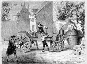 Erstes Dampffahrzeug (der Fardier) getestet vom Erfinder Cugnot, im Arsenal, Paris