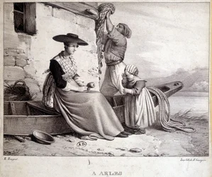 Fischer, seine Frau in regionaler Tracht und ihr Kind in Arles