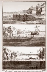 Fischerei und HERSTELLUNG & VERWENDUNG VON FISCHNETZEN - „Die Große Enzyklopädie, ou Dictionnaire Raisonne des Sciences, des Arts et des Metiers“ (Enzyklopädie oder Wörterbuch der Wissenschaften, Künste und Berufe) von Denis Diderot (1713-1784) und Jean d
