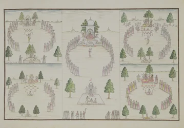 Fünf hinduistische Kulte: Shiva, Krishna, Vishnu, Brahma und Muttergöttin aus dem Gentil-Album, veröffentlicht 1774
