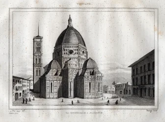 Kathedrale von Florenz - Ansicht der Kathedrale von Florenz (Dom Santa Maria del Fiore). Die Kuppel wurde um 1420-1436 von Filippo Brunelleschi geschaffen, Florenz, Italien - Stich aus „Italy Picturesque“ - „Historische und beschreibende Übersicht
