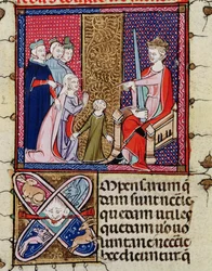 Ein Kind und ihre Mutter erscheinen vor einem Richter, aus Justiniani in Fortiatum