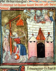 Belagerung des Château de Chinon, aus den Grandes Chroniques de France, 1375-79