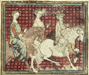 Fol.31r Chilperic I (543-97) und Fredegonde zu Pferd, aus den Grandes Chroniques de France, 1375-79