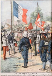 Frankreich übernimmt die Gebiete von Krat und Koh-Kong, Siam nach dem Vertrag von 1904 zwischen den Siamesen und den Franzosen, Illustration aus 
