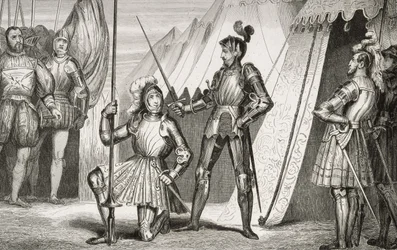 Francois I (1494-1547) wird von Hauptmann Bayard nach der Schlacht von Marignano zum Ritter geschlagen, aus 