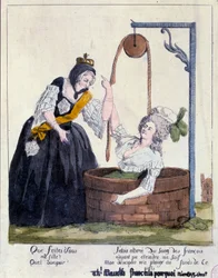 Französische Revolution: Karikatur gegen Königin Marie Antoinette (1755-1793), die auf den Grund eines Brunnens fiel, weil sie ihren Durst nach französischem Blut stillen wollte. 18. Jahrhundert. Paris, B.N.