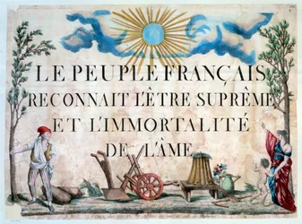 Die Französische Revolution: „Das französische Volk erkennt das höchste Wesen und die Unsterblichkeit der Seele an.“ Ein Sansculotte, ein Freiheitsbaum, landwirtschaftliche Werkzeuge. 1794. Paris. Bibliothek des Arsenal