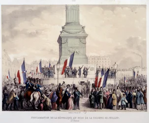 Französische Revolution von 1848: Proklamation der Zweiten Republik am Fuße der Julisäule auf dem Place de la Bastille am 25.02.1848. Lithographie des 19. Jahrhunderts. Paris, Musee Carnavalet