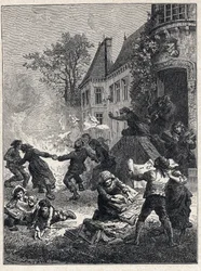 Französische Revolution: Die Bauern verbrannten ihre feudalen Titel und tanzten um das Feuer, um die Abschaffung der Privilegien im August 1789 zu feiern. Gravur von 1889. Private Sammlung