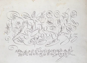 Französische Kalligraphie: Platte der Hauptstadt, Gravur von Frisius, Kalkograph des Königs von Robert Vignon im Garten des Schreibens um 1600.