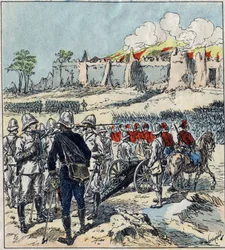 Französische Expedition nach Dahomey (heutiges Benin). General Dodds formiert seine Angriffskolonnen vor Abomey