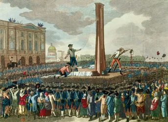 Französische Revolution: Hinrichtung von König Ludwig XVI. (1754-1793) durch die Guillotine, der Henker präsentiert seinen abgetrennten Kopf. Gravur nach einer Zeichnung von Fious. 18. Jahrhundert. Paris, Musee Carnavalet