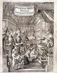 Frontispiz von „Pharmacopoeia royal, galenic and chymic“ von Morse Charas, Pharmazie im Königlichen Garten der Pflanzen bei Laurent d