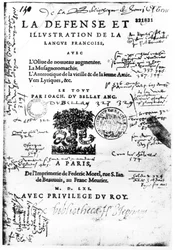 Frontispiz von La Defense et Illustration de la Langue Francaise von Joachim du Bellay, gedruckt von Federic Morel in Paris 1561 (gedrucktes Papier mit Feder und Tinte)