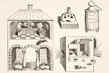 Öfen und verschiedene Apparate, die von Chemikern und Alchemisten im Mittelalter verwendet wurden, nach einem Stich von Vriese, aus Wissenschaft und Literatur im Mittelalter von Paul Lacroix, veröffentlicht in London 1878