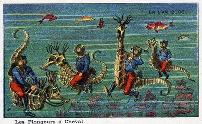 Futuredays: Eine Vision des 19. Jahrhunderts vom Jahr 2000 - Serie „Im Jahr 2000“: Die Taucher zu Pferd (unter dem Meer). Chromolithographie von Villemard