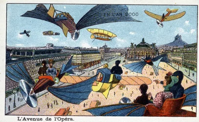 Futuredays: Eine Vision des 19. Jahrhunderts vom Jahr 2000 - Serie „Im Jahr 2000“: Die Opernallee - Chromolithographie von Villemard