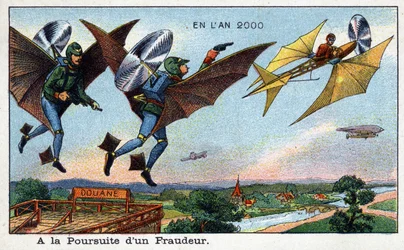Futuredays: Eine Vision des 19. Jahrhunderts vom Jahr 2000 - Serie „Im Jahr 2000“: Eine Verfolgung eines Betrugs beim Zoll - Chromolithographie von Villemard