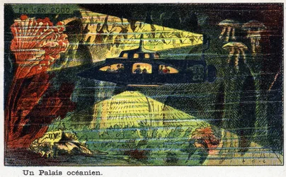 Futuredays: Eine Vision des 19. Jahrhunderts vom Jahr 2000 - Serie „Im Jahr 2000“: Ein Pazifischer Palast (ein kleines U-Boot). Chromolithographie von Villemard