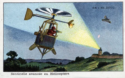 Futuredays: Eine Vision des 19. Jahrhunderts vom Jahr 2000 - Serie „Im Jahr 2000“: Hubschrauber-Vorposten - Chromolithographie von Villemard