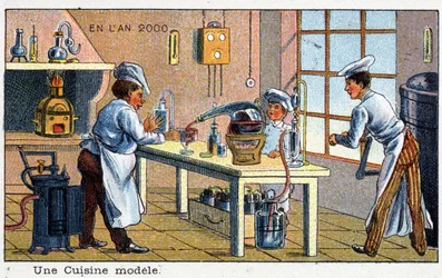 Futuredays: Eine Vision des 19. Jahrhunderts vom Jahr 2000 - Serie: Eine Modellküche. Chromolithographie von Villemard