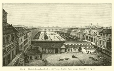 Holzgalerien im Palais-Royal, 1828, Ansicht vom Palast, nach einer englischen Aquatinta der Zeit